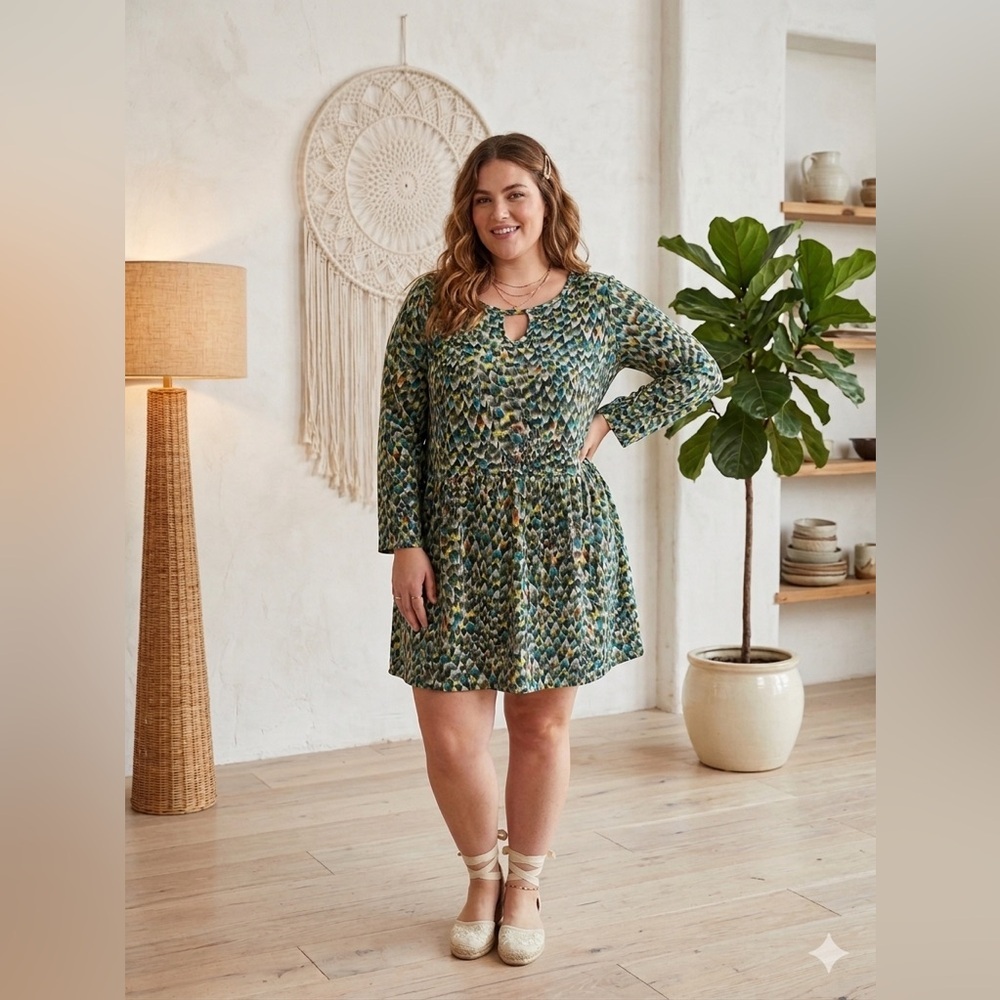 Cocomo Boho Metallic Knit Tunic Dress Plus Size 1X Keyhole Peacock Feather Print